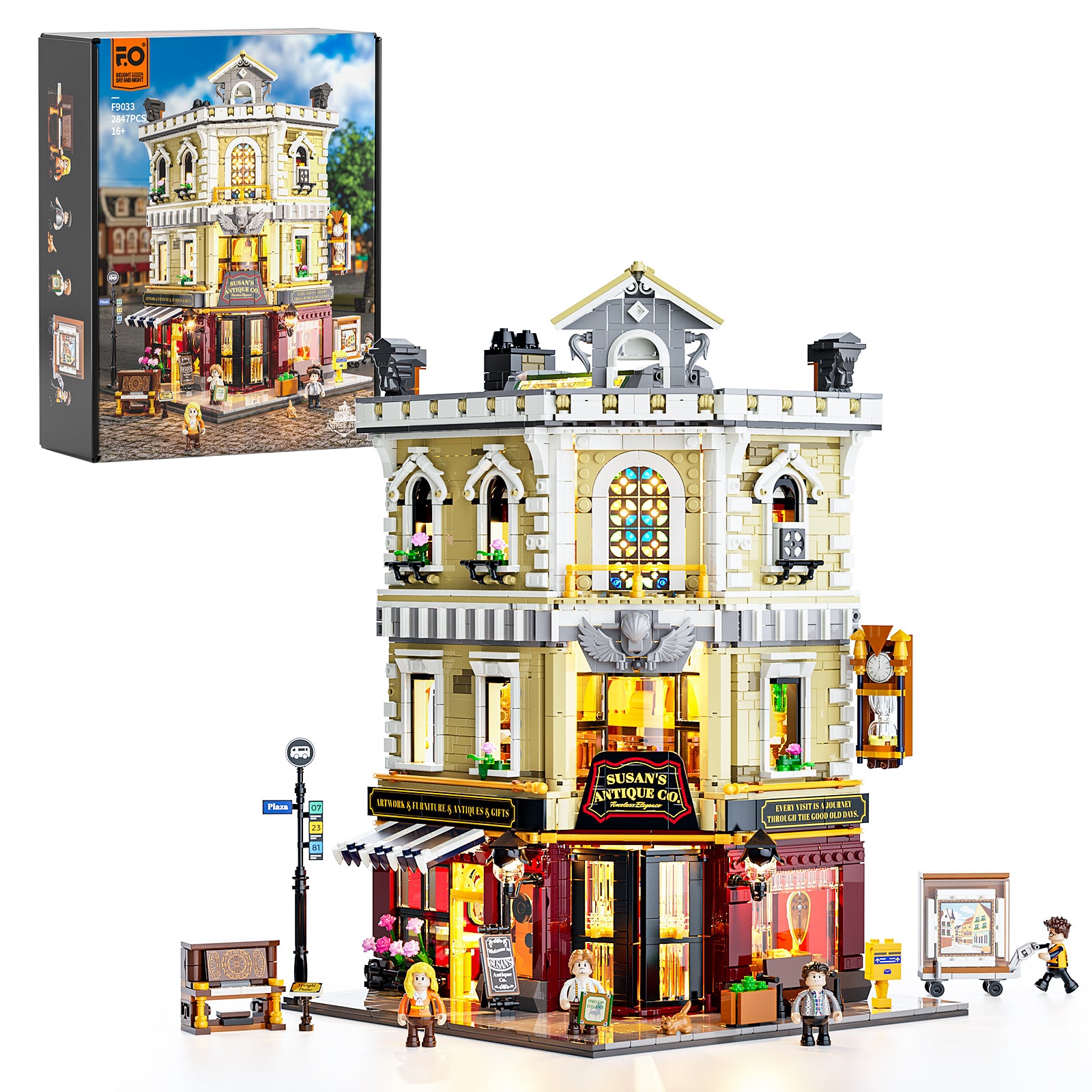 FUNWHOLE Antique-Store Lighting Building Bricks Set - City Town Corner Collectibles Shop LED Light Modular Building Model Set 2847 Pcs for Adults and Teen