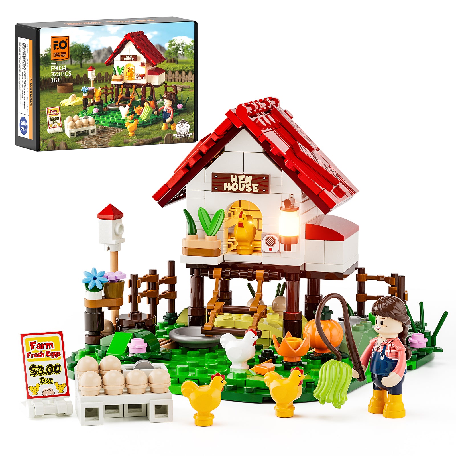 Funwhole The Hen House building blocks - Farm Life Chicken Henhouse and Animal Collection LED Light Construction Building Model Set 323 Pcs for Adults and Teen